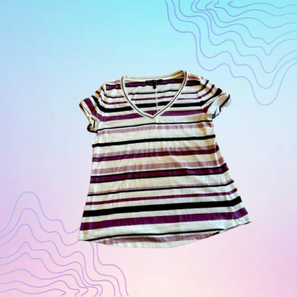 WHITE HOUSE BLACK MARKET Purple Striped V-Neck Short Sleeve Top